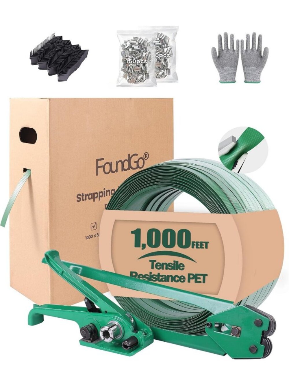 Heavy Duty PET Strapping Kit for Pallet Packaging - 1000' Roll, 300 Seals, 100